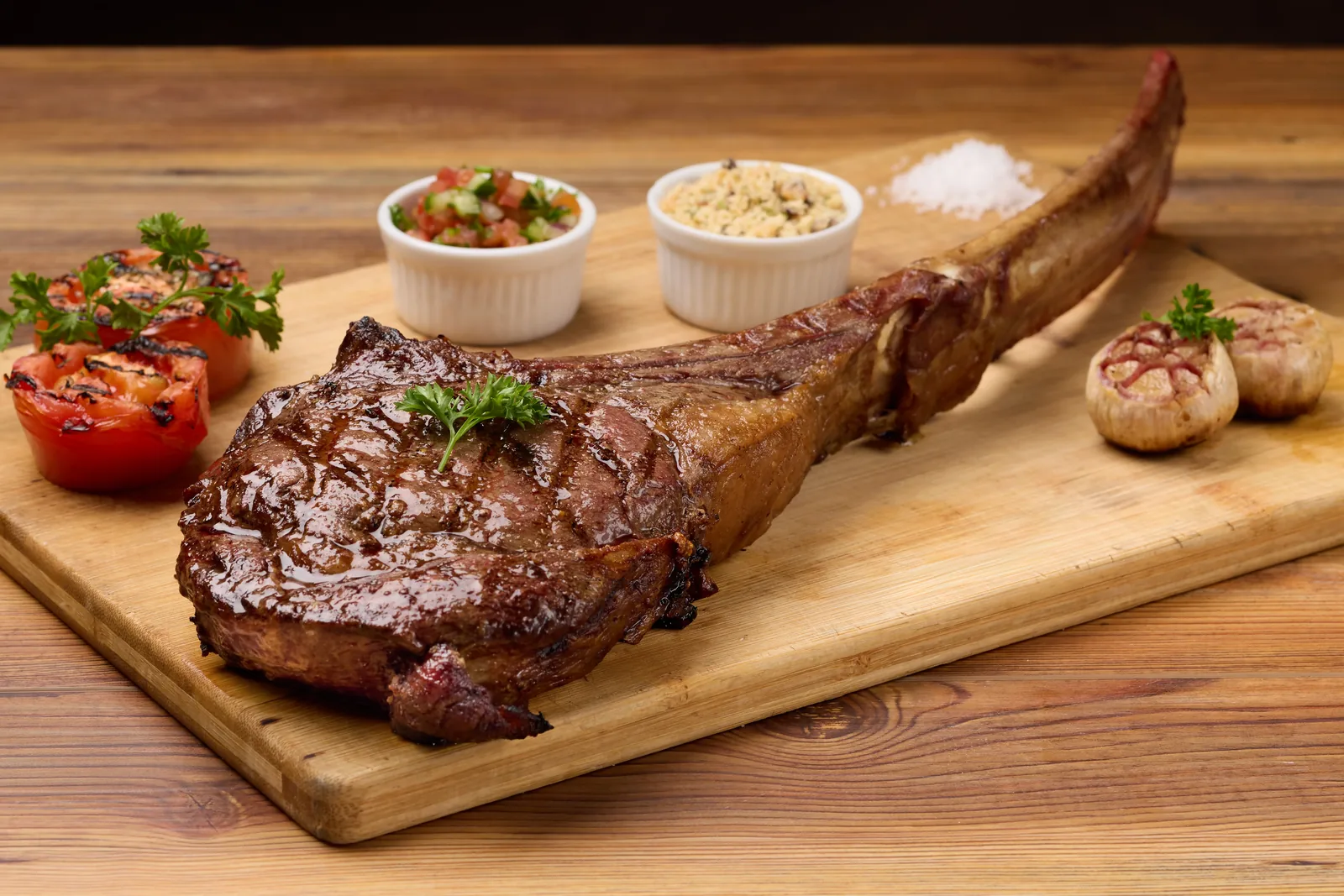 Corte de carne servido sobre tábua de madeira